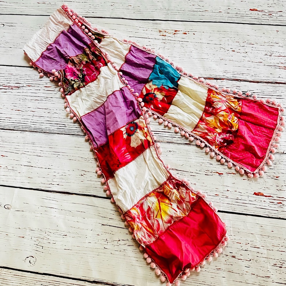 Colorful Boho Patchwork Pom Pom Scarf – Festival / Vintage Style